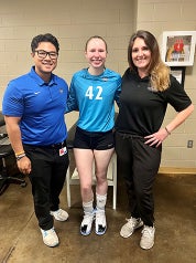15-year-old Emma Ward is reunited with Andrews Institute athletic trainer Tera Malarik and UWF athletic training student Anthony Perea-Quijano. Emma's family credits the two with saving Emma after she suffered a severe allergic reaction before a volleyball match in late January.