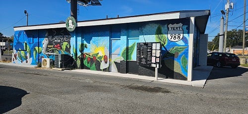 Mural of mental health images and awareness and to call or text 988 to help.