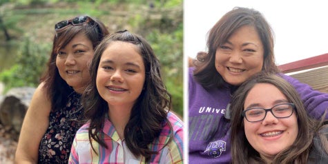 Sharon, a mom, is pictured next to her young teen daughter. They are both smiling and have dark, long hair.