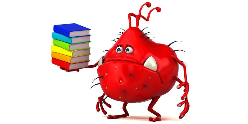 Cartoon of germ holding school textbooks looking sad.