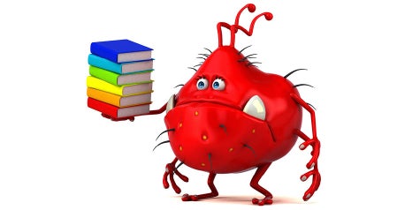 Cartoon of germ holding school textbooks looking sad.