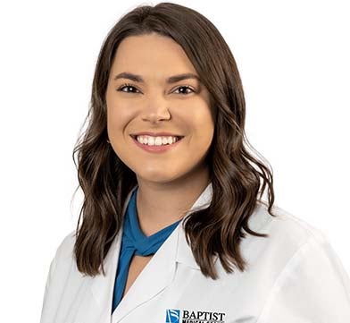 Head shot of physician assistant Marlee Cox in white Baptist Medical Group coat.