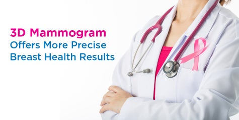 3-D Mammogram Offers More Precise Breast Health Results with doctor, stethoscope and pink ribbon