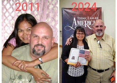 Cathy and Dave Brennan pictured in 2011 and in 2024 after she became a citizen.