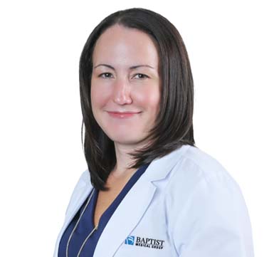 This is a head-and-shoulders photos of board-certified physician assistant Colleen Crawford wearing a white Baptist Medical Group coat.