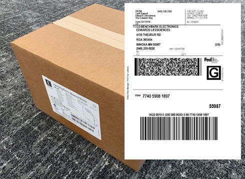 Print and attach the new shipping label from Edwards Tech Support to the box.