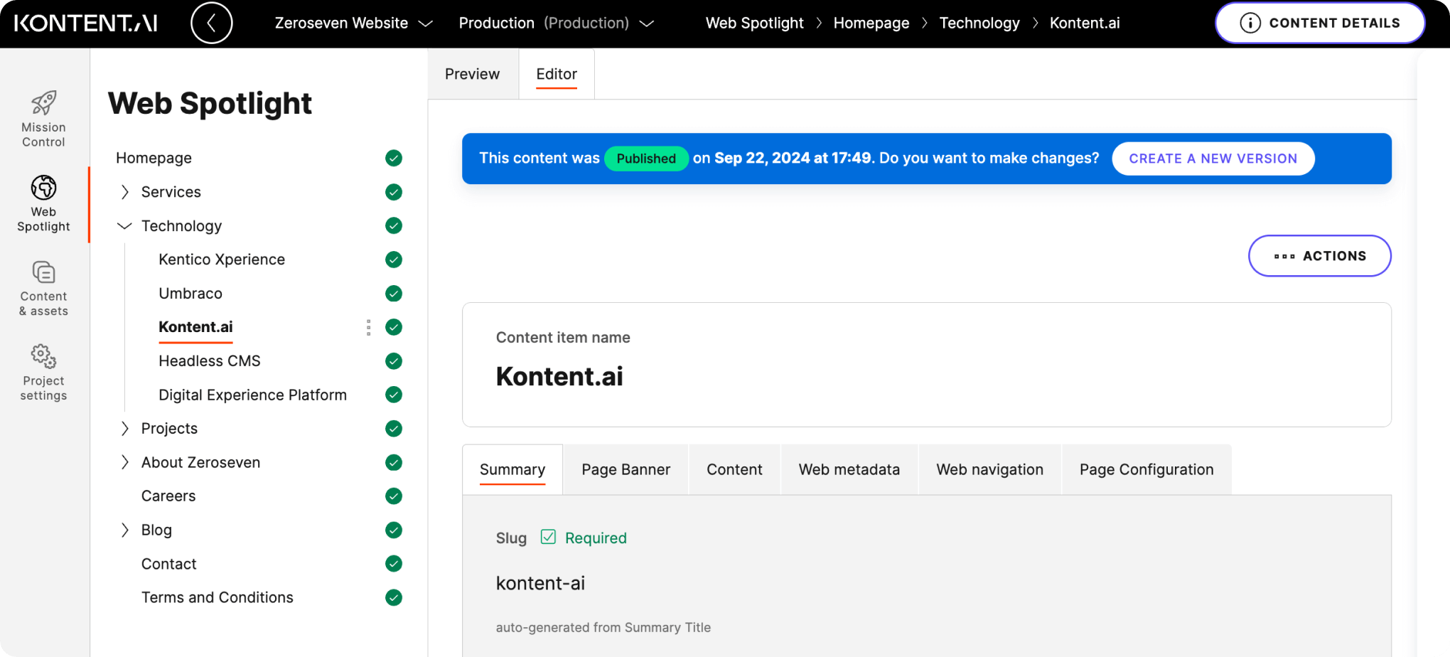 Kontent.Ai CMS Admin view