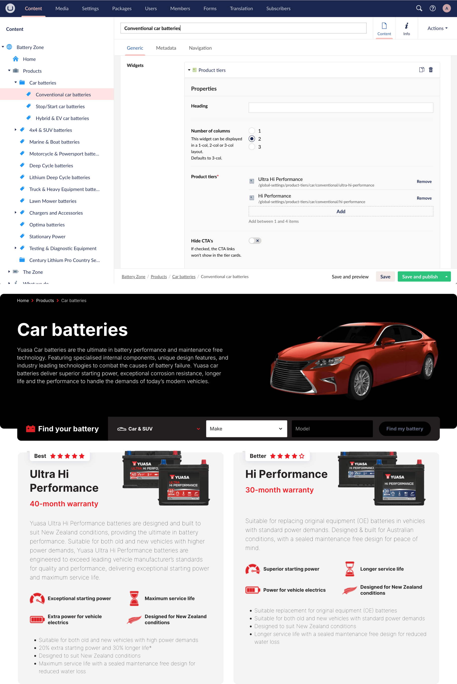 Umbraco CMS backend and corresponding front end elements on the Battery Zone website