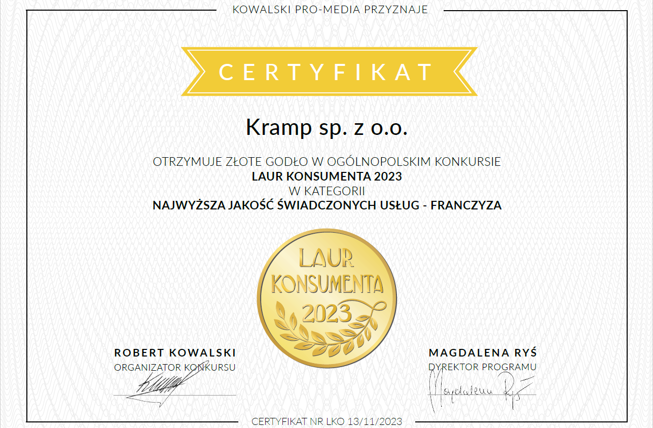 Kramp otrzymuje złoty Laur Konsumenta 2023 w kategorii franczyza!