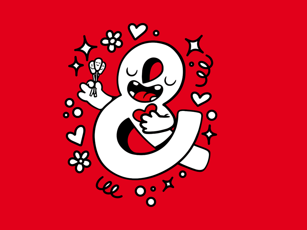 Ilustración de un & o ampersand caricaturizado, rodeado por corazones y sosteniendo 3 cotonitos para registro Ilustración de un & o ampersand caricaturizado, rodeado por corazones y sosteniendo 3 cotonitos para registro