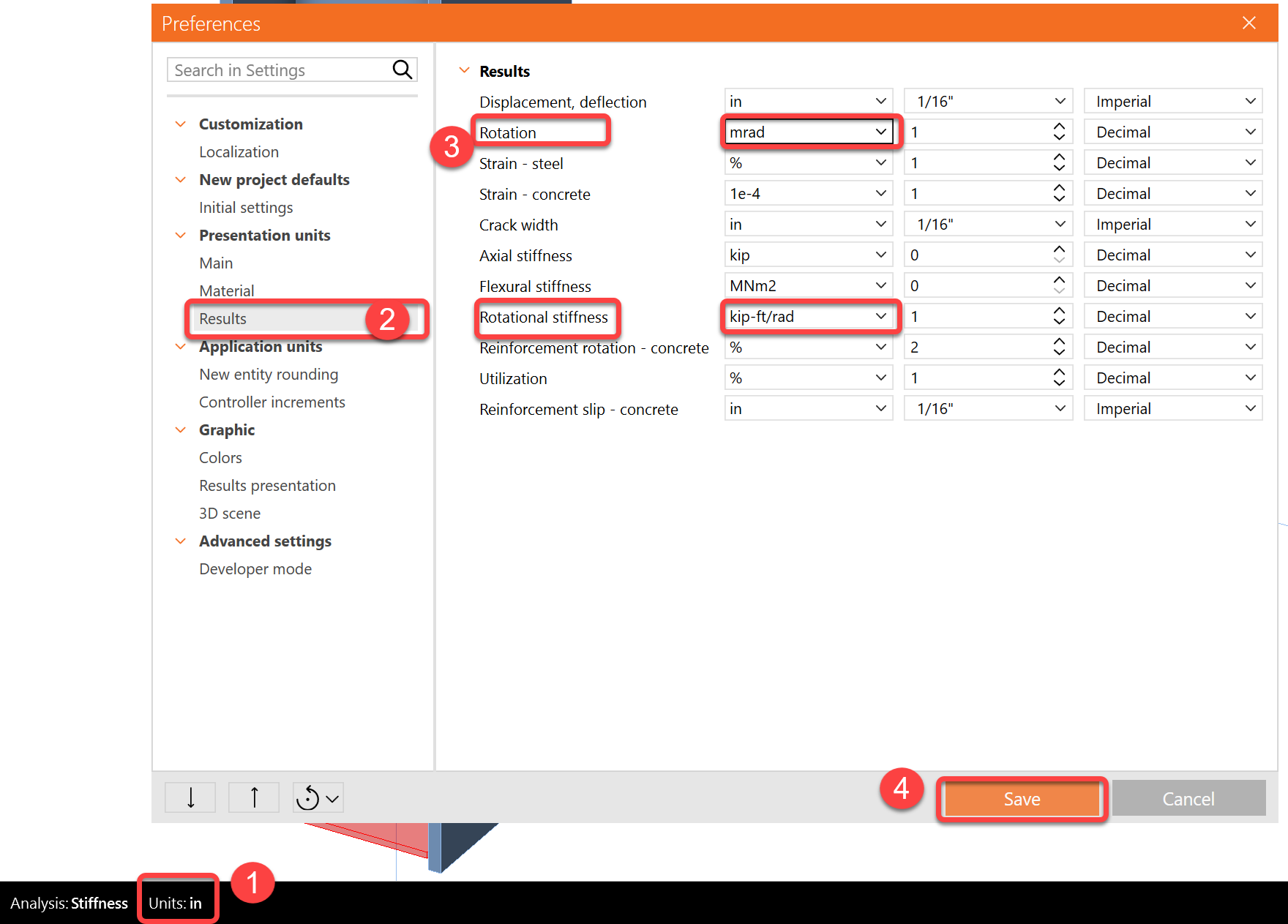 Change results units for stiffness analysis