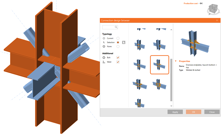 Verbindingsvoorstel op basis van geselecteerde staven in IDEA CONNECTION