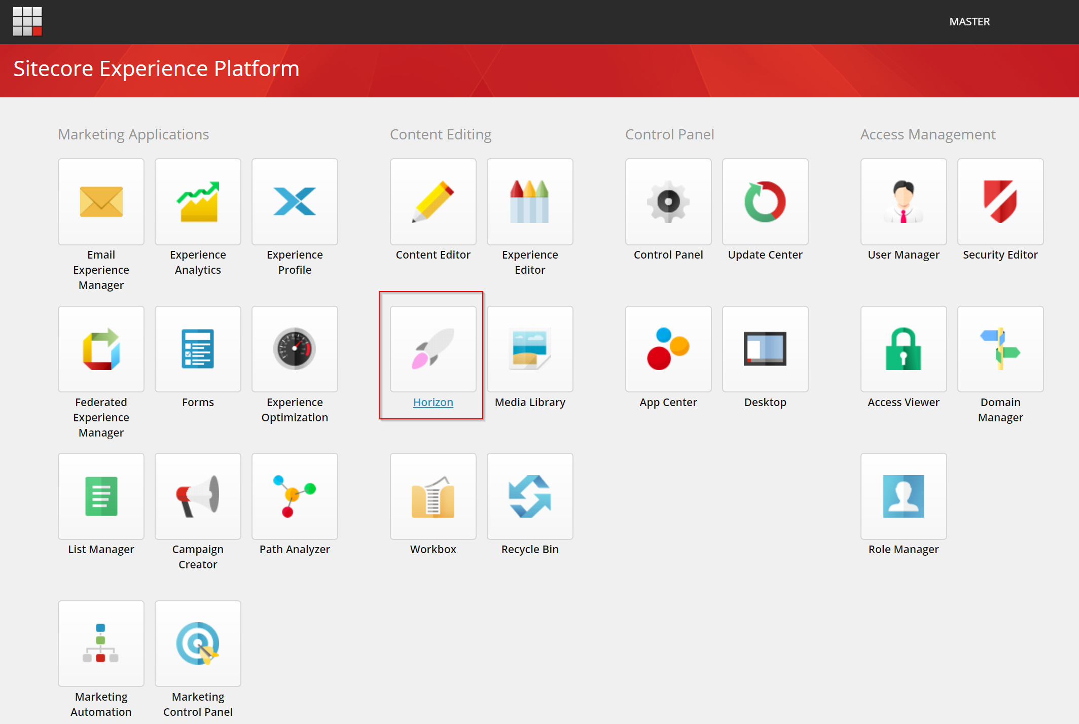 The Sitecore Launchpad with the Horizon icon