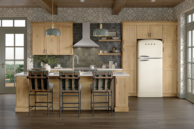 A modern kitchen with stained wood cabinets and kitchen island.