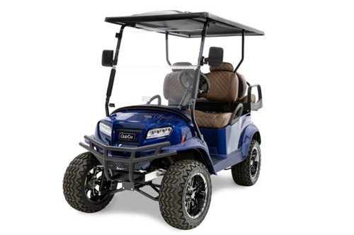 A blue Club Car special edition golf cart 