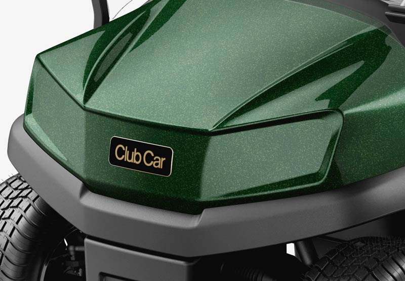 front of a metallic green Club Car golf cart