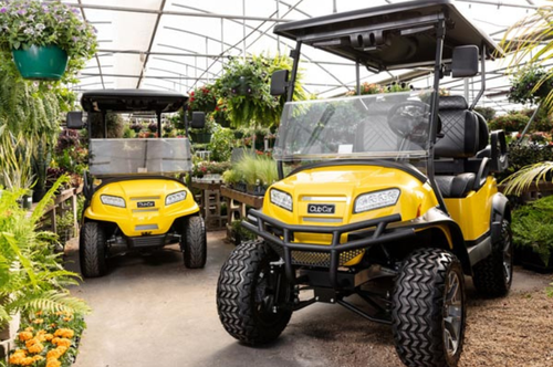 Two bright yellow Sunshine special edition Club Car golf carts parked in a greenhouse