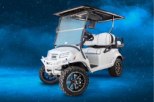 A bright white Club Car special edition golf cart 