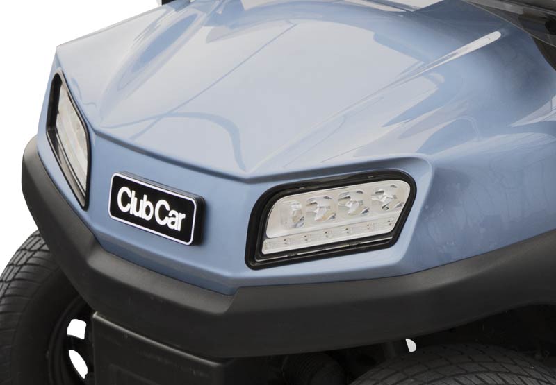 Front of a metallic ice blue Club Car golf cart