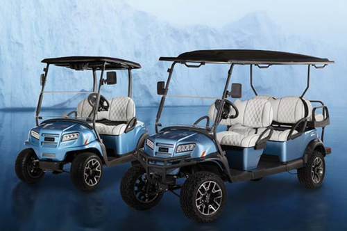 Two ice blue Club Car special edition golf carts