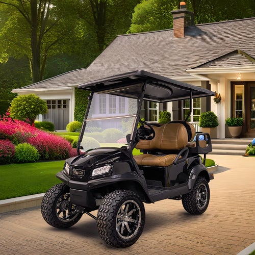 A certified pre-owned Club Car Onward 4 passenger golf cart parked in a driveway.