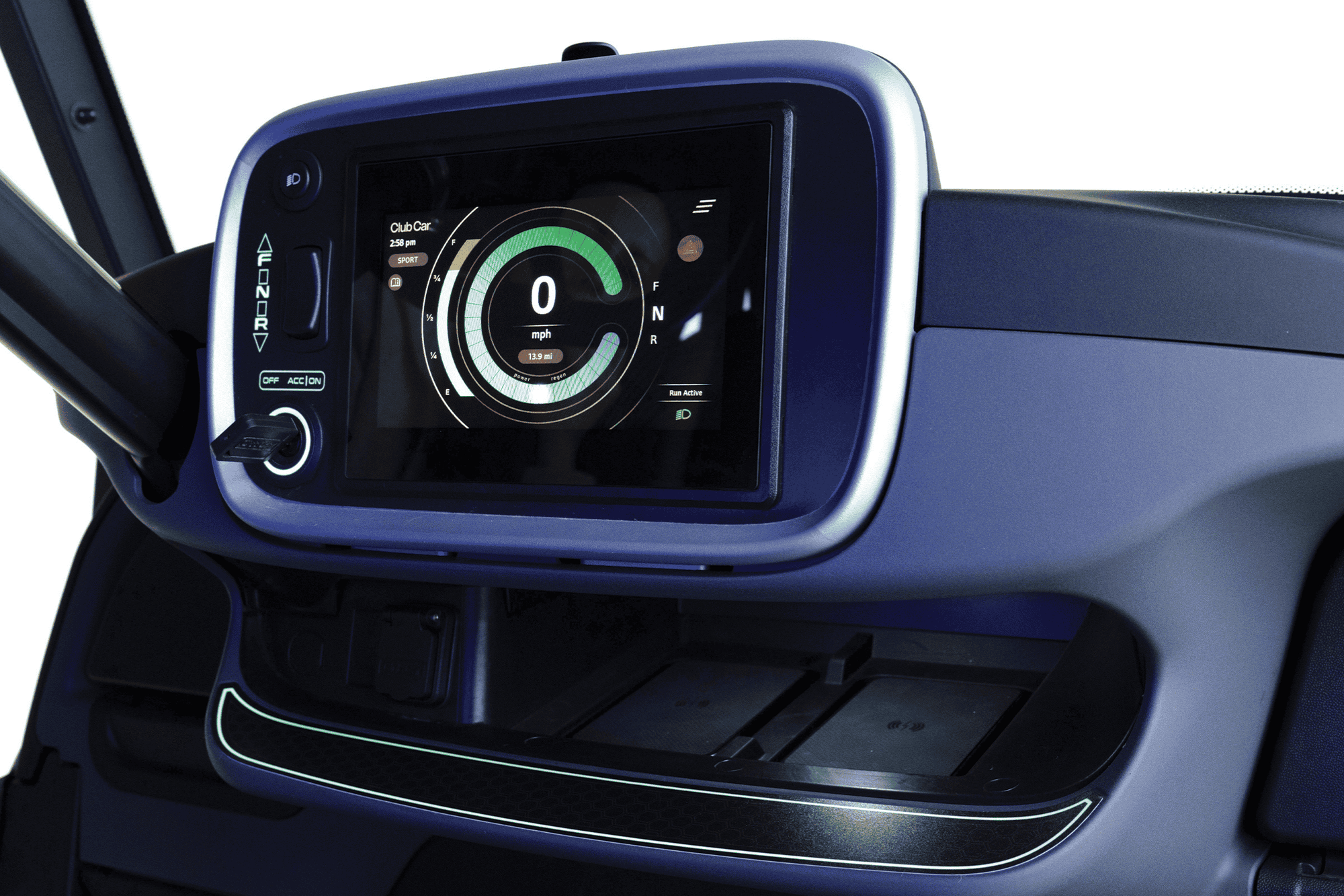 The premium dash of a Club Car Onward golf cart.