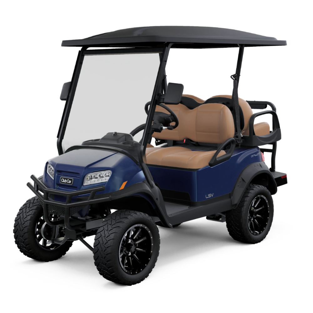 Matte blue onyx lifted Club Car Onward golf cart