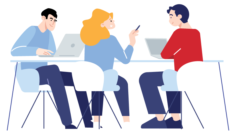 illustrated characters meeting around a table with laptops
