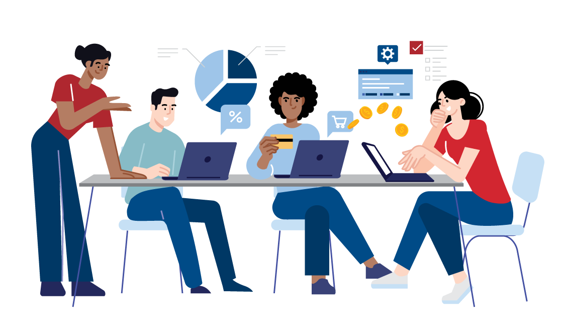 Illustration of coworkers sitting at a table with their laptops having a discussion about payment processing and credit cards