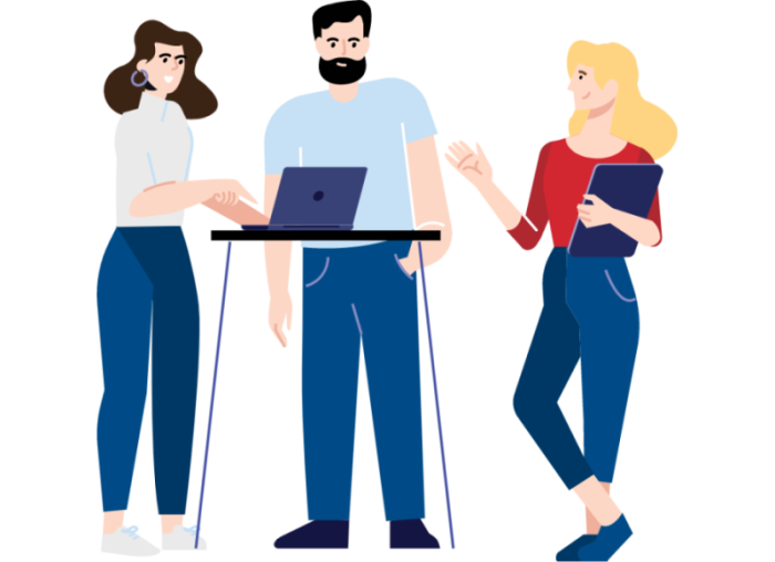 Illustrated people standing at a table with a laptop