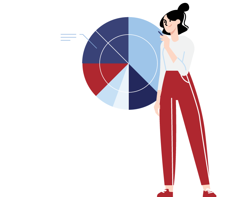 Illustration of a women studying large pie chart