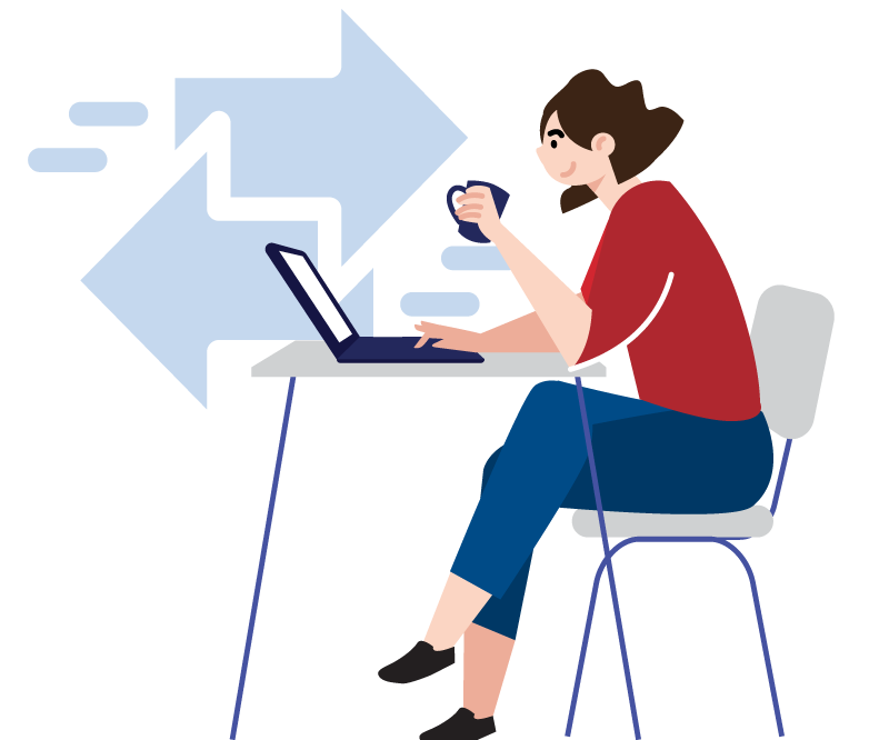 Illustration of lady sitting at a desk making a money transfer on her computer