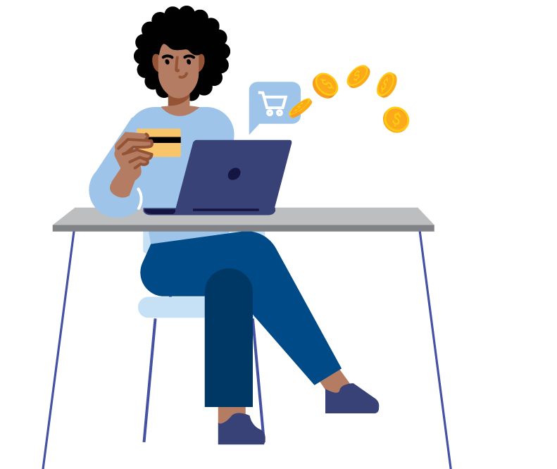 Illustration of lady sitting at desk with her laptop looking at a credit card