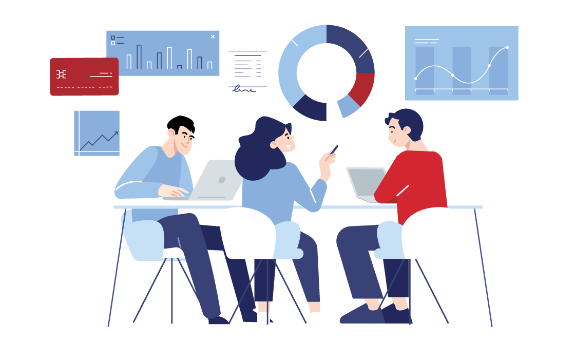 Illustration of coworkers sitting at a table with their laptops having a meeting with graphs and charts