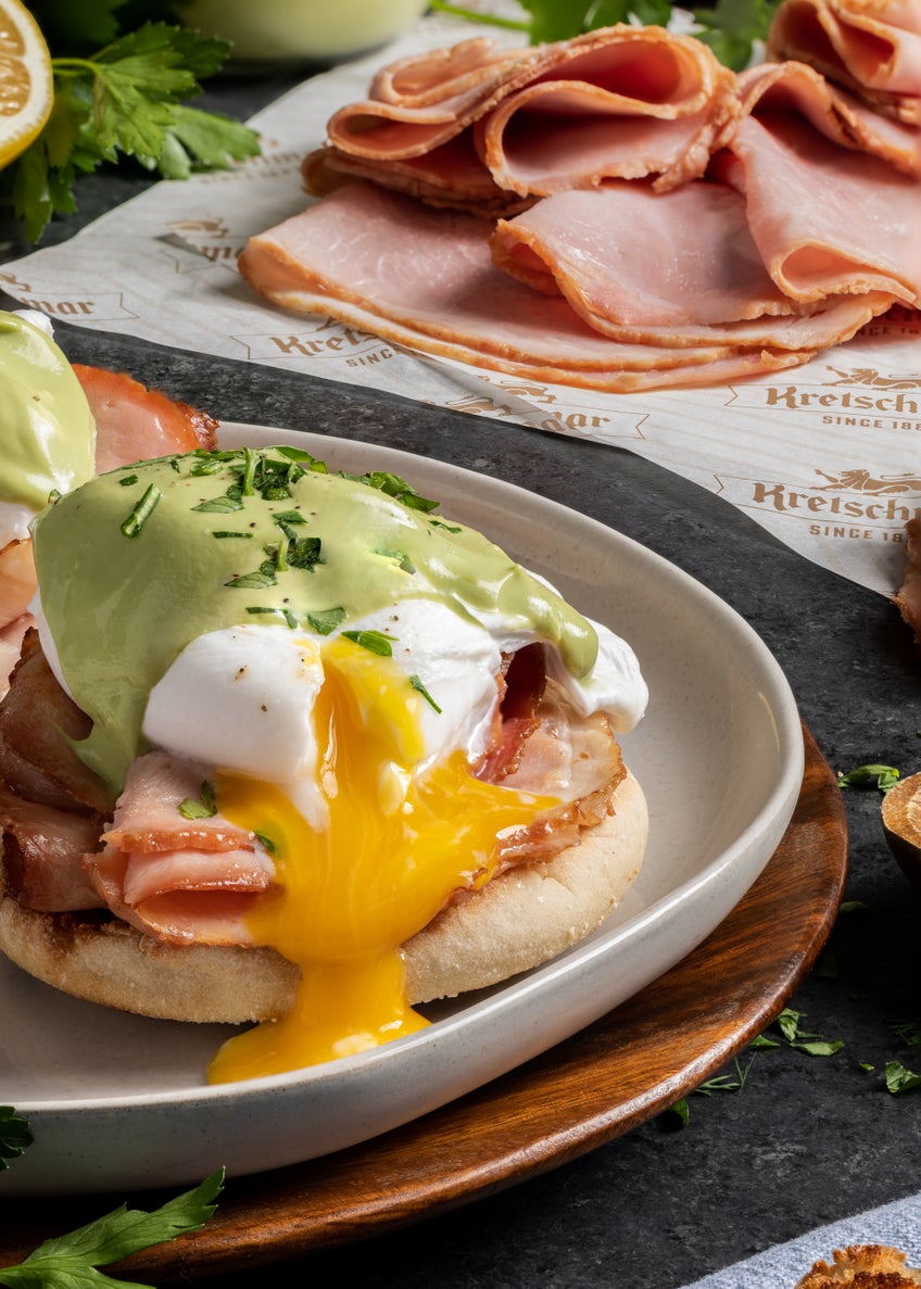 Eggs Benedict with Avocado Crema Sauce
