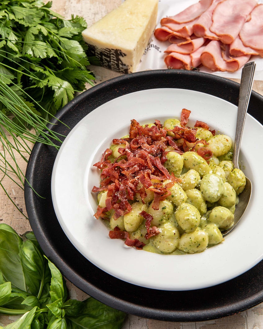 Pesto Gnocchi With Crispy Ham