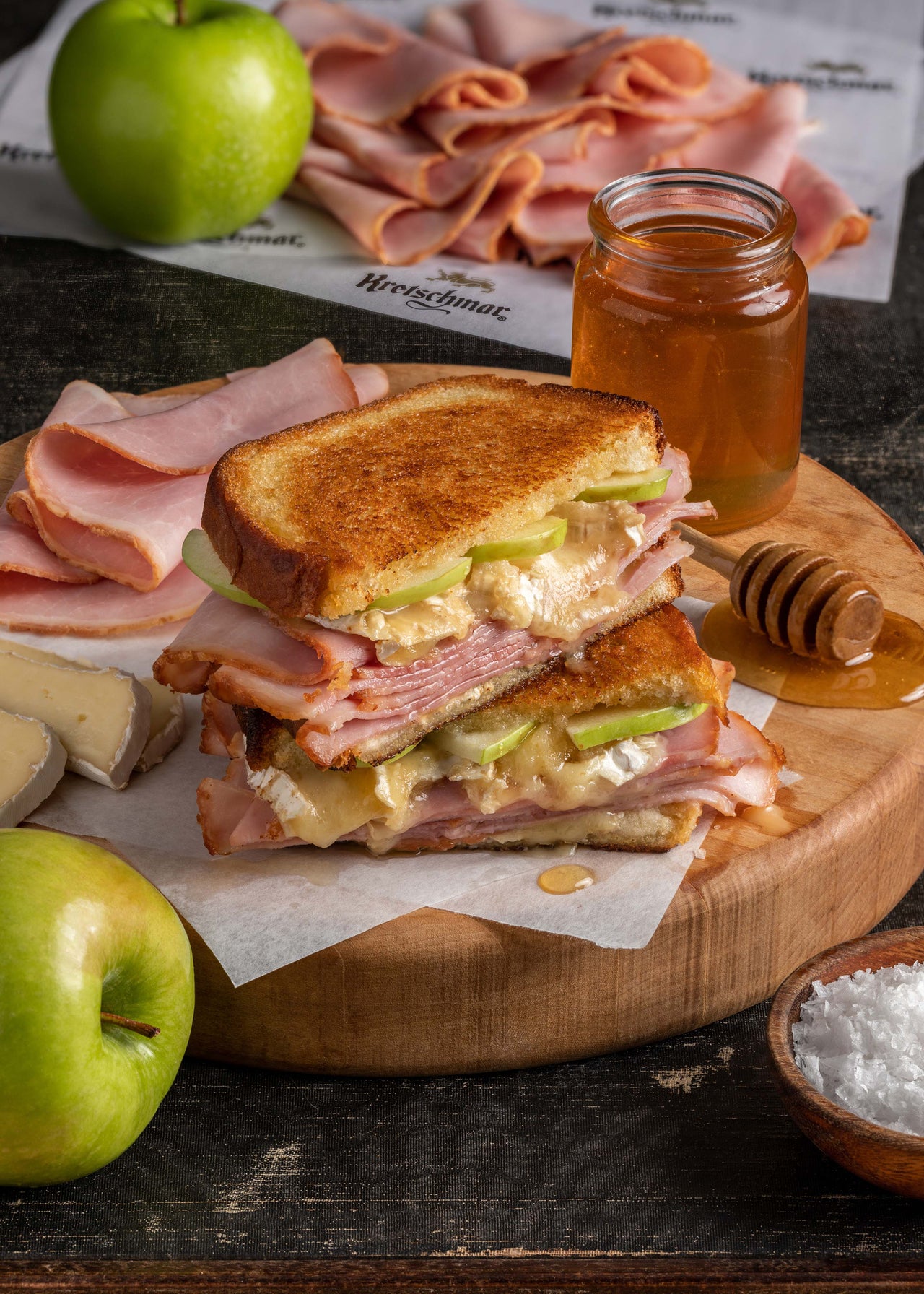 Brie Apple and Ham Grilled Cheese with Salted Honey