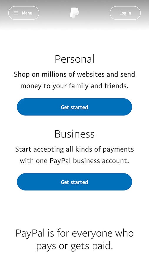 Screenshot of Paypal mobile site