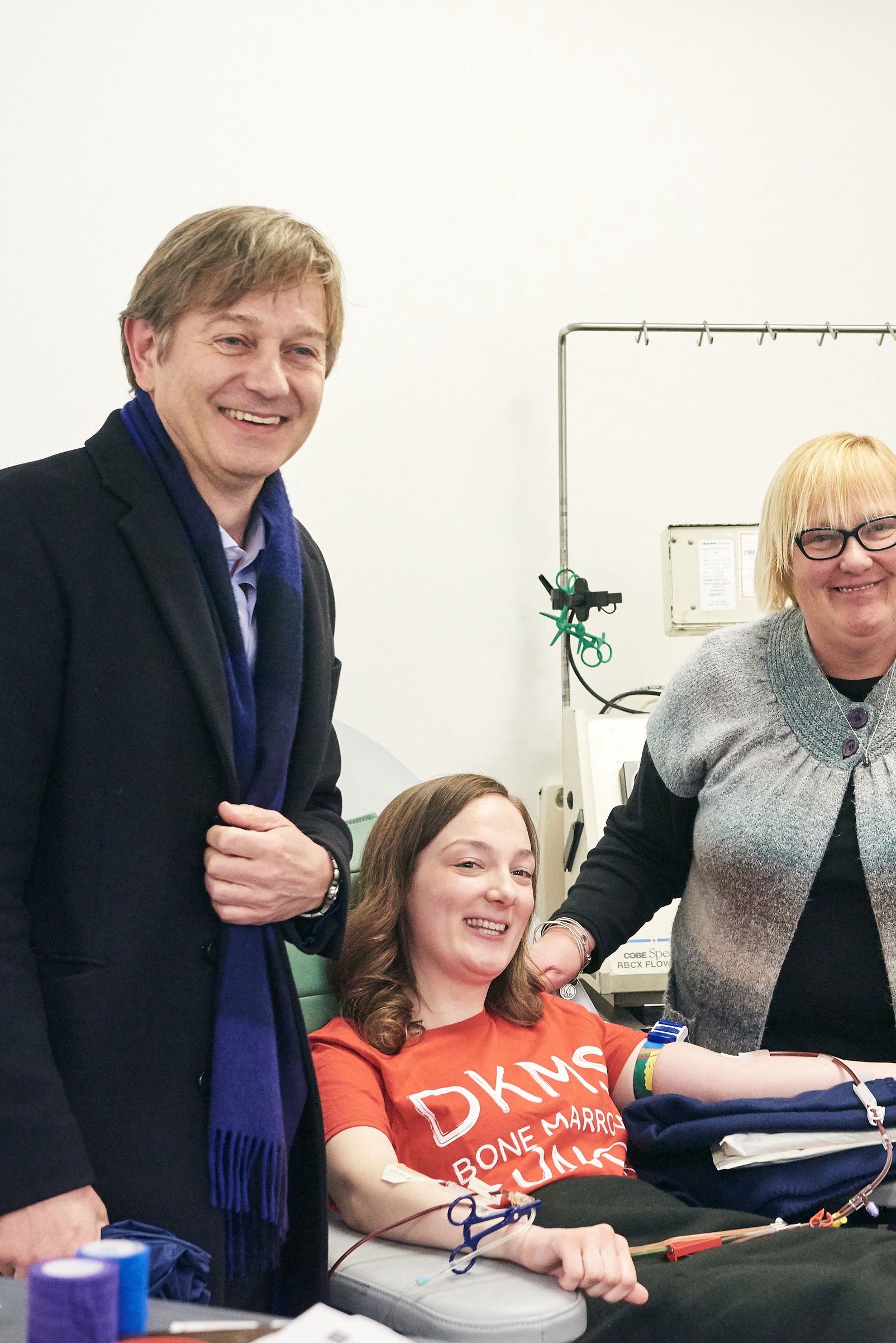 Dr. van den Brink (far left) and my mom and dad were with me during the donation. Jack Kirkland (far right) from DKMS also dropped in to see how I was doing.