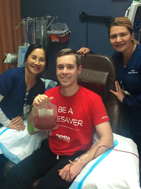 Nick, after his peripheral blood stem cell donation, showing the millions of lifesaving blood stem cells that were collected during his procedure.