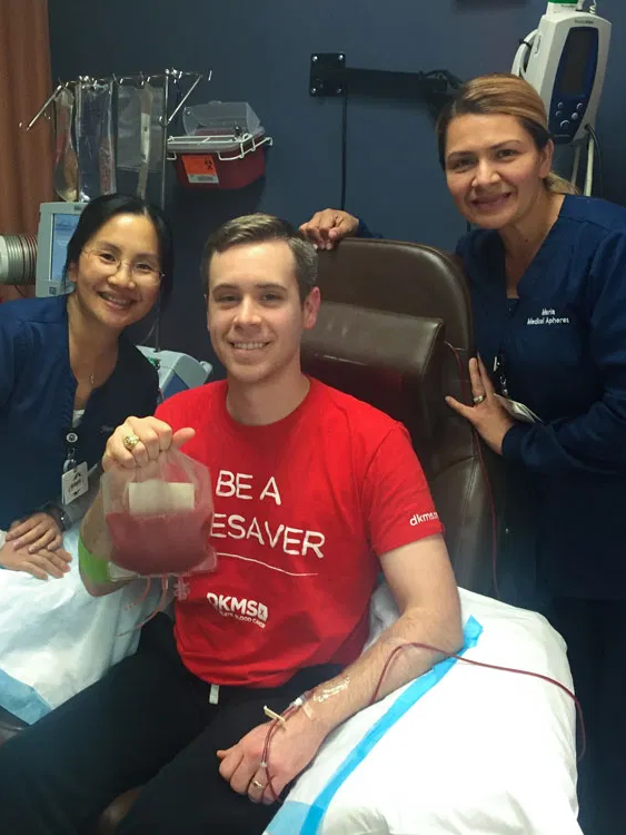 Nick, after his peripheral blood stem cell donation, showing the millions of lifesaving blood stem cells that were collected during his procedure.