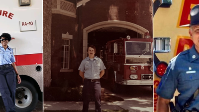 DKMS patient Yolanda Lee wearing an EMT outfit standing in front of a Houston Fire and EMS truck while smiling, next to a picture of DKMS patient Ron Gerding wearing his uniform and standing in front of a fire truck. The 3rd picture in the row is of DKMS patient Cody Fulkerson wearing his state highway patrol uniform and smiling. 