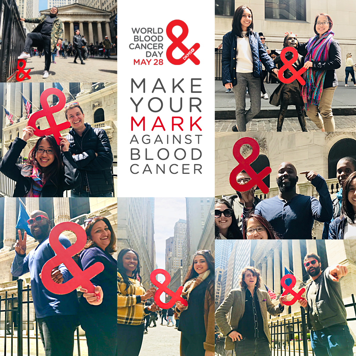 Individuals celebrating world blood cancer day by holding the ampersand symbol. 