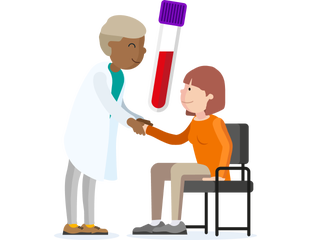 Medical professional in a white jacket talking with a potential donor.