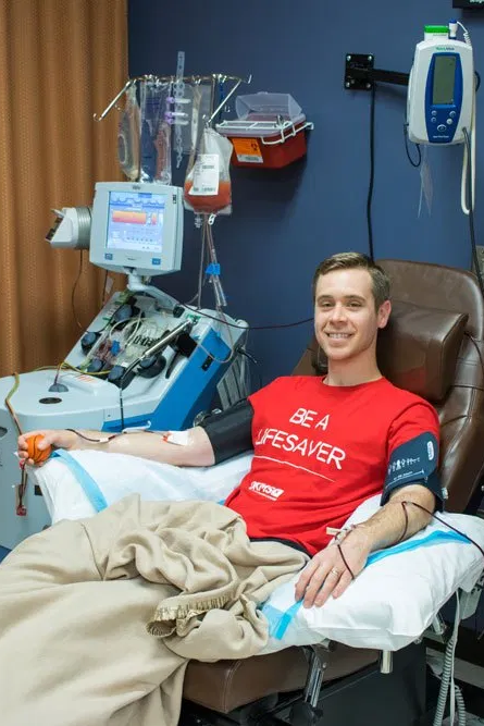 Nick was all smiles when he was e donates his bone marrow via Peripheral Blood Stem Cell donation.