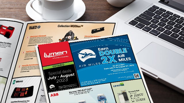 Lumen.ca 's July-August 2023 promotional flyers for Ontario in front of a computer and a cup of coffee