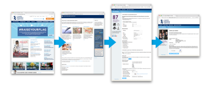 Cancer Research Institute Online Donation Process, Four Browser Windows