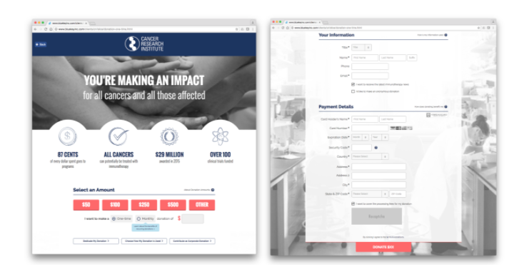 Cancer Research Institute Online Donation Process, Choose Your Donation Amount Page and Check-Out Page