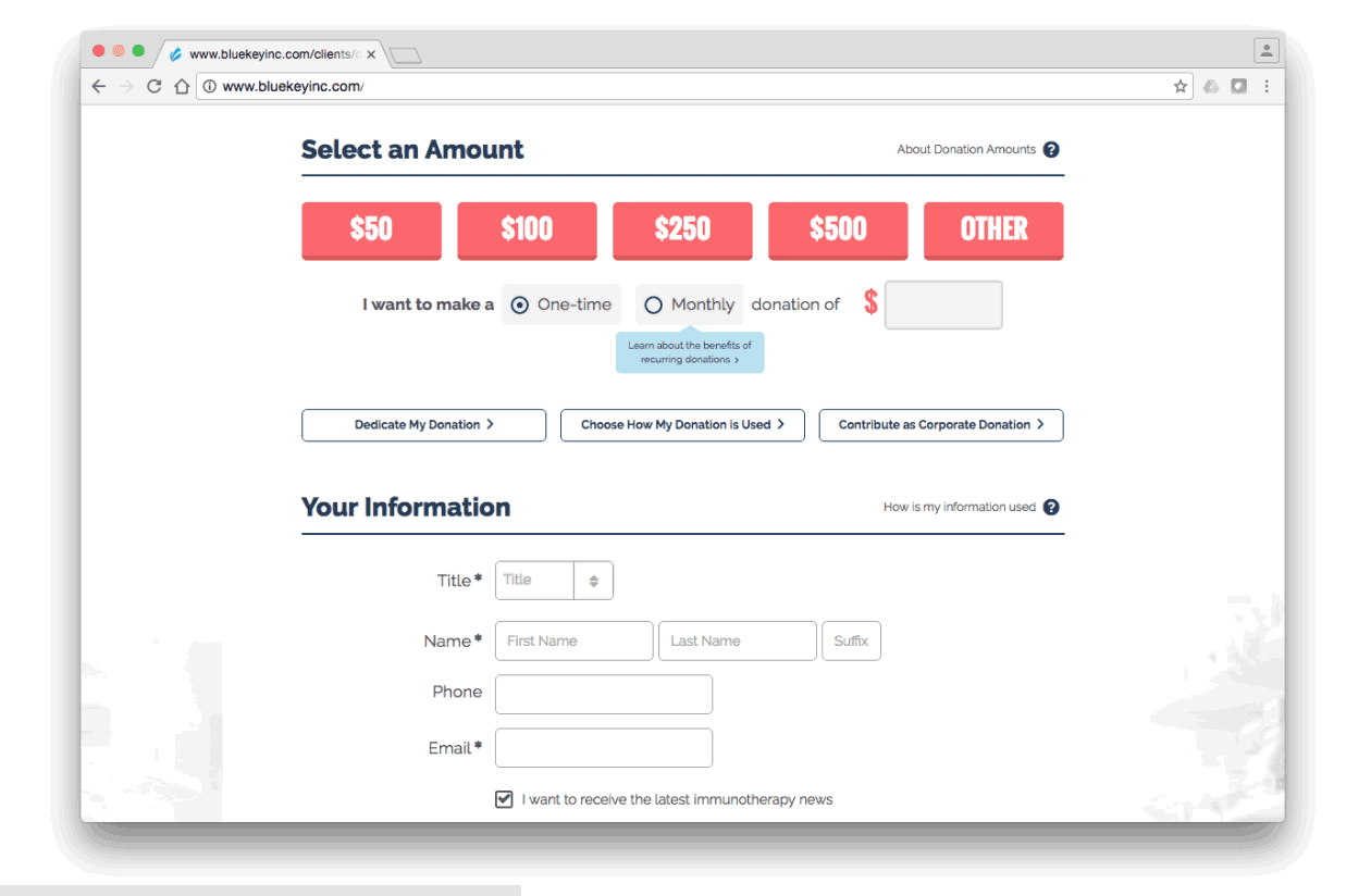 Cancer Research Institute Online Donation Process Giphy, Select Donation Amount and Information Input Area
