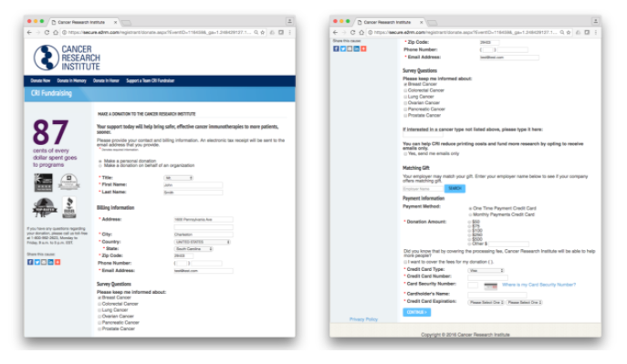 Two Cancer Research Institute Browser Window for Online Donations